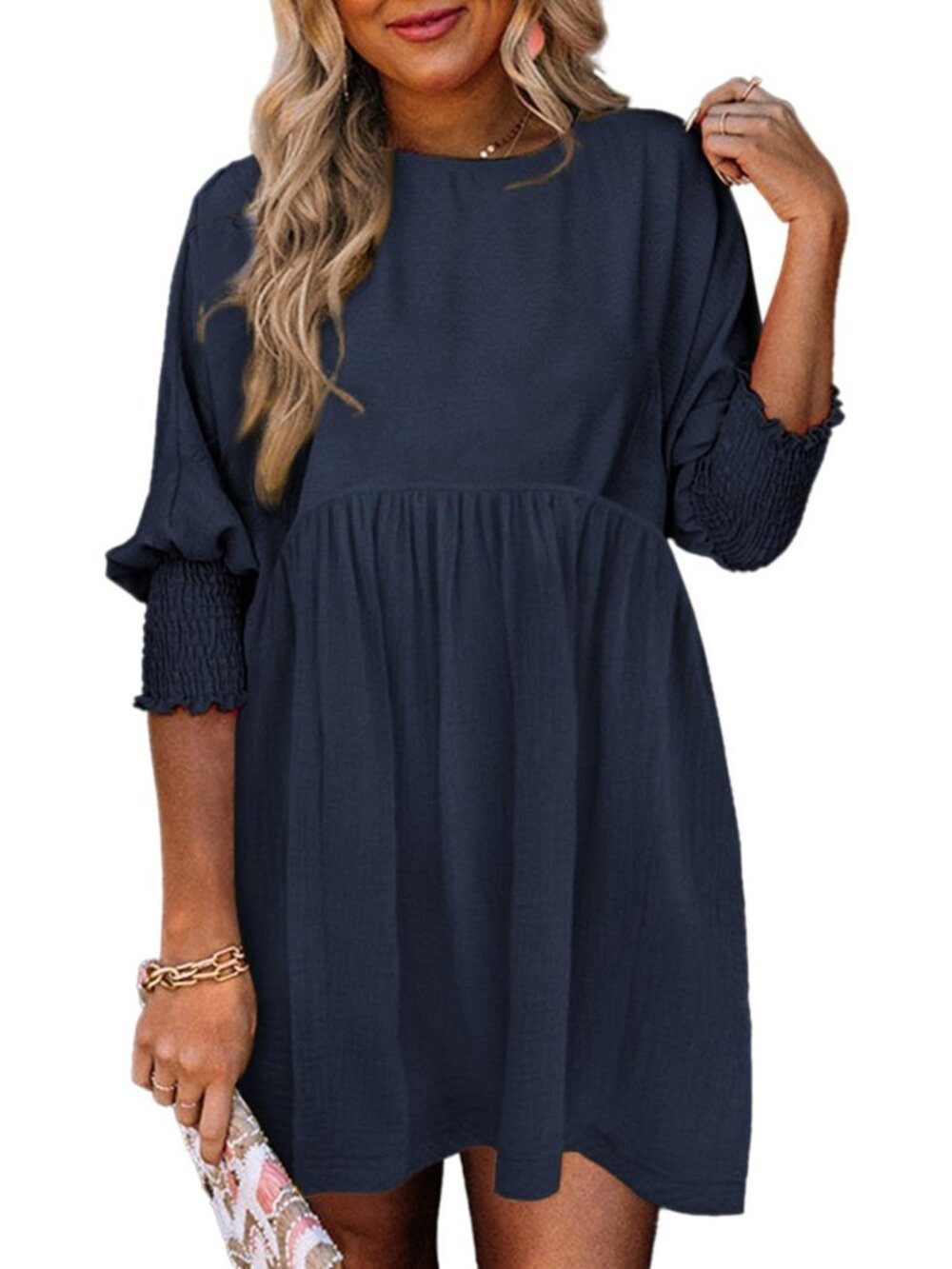 Womens Empire Waist 3/4 Sleeve Casual Babydoll Mini Dress
